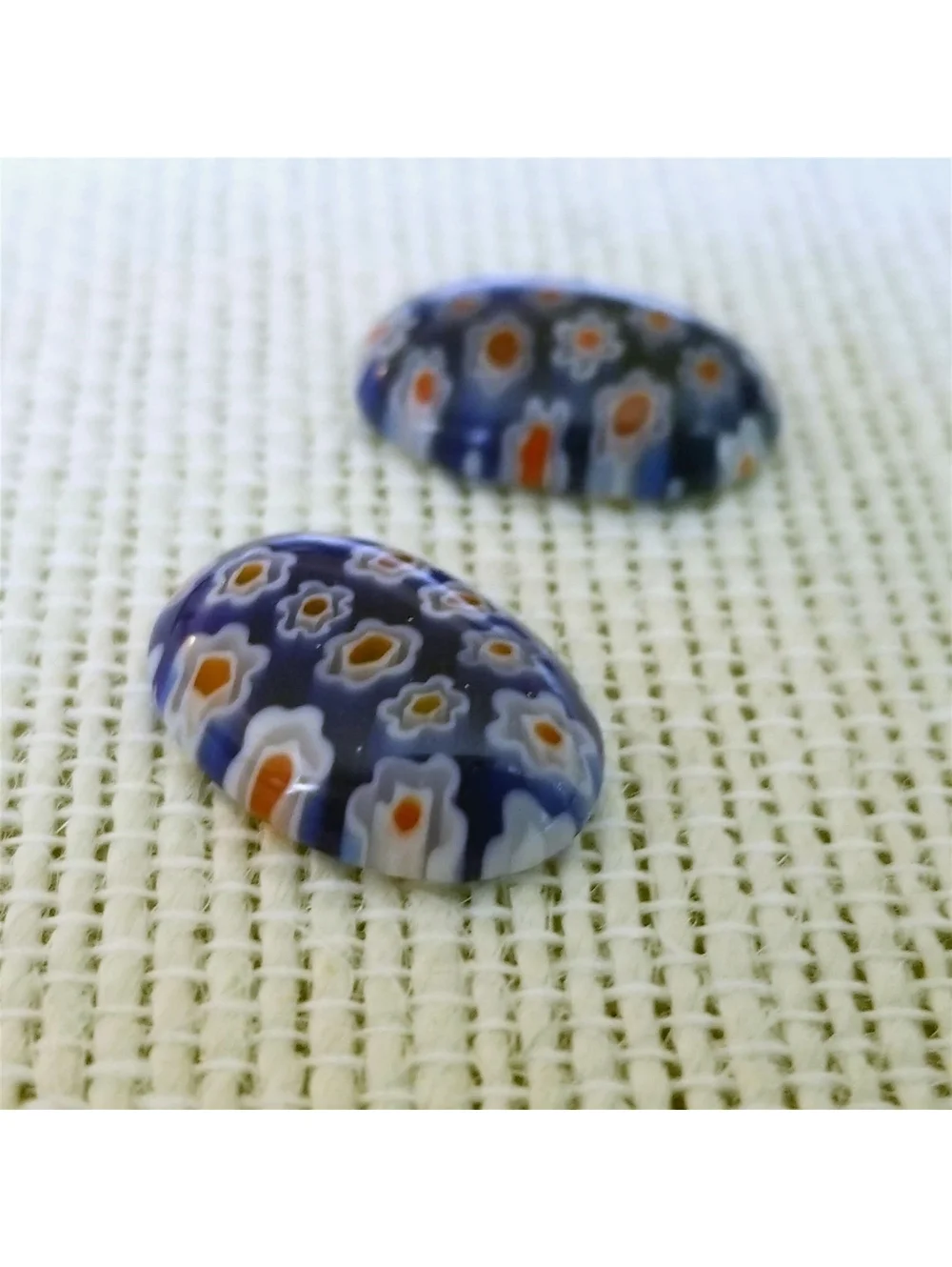 Millefiori Art Glass Cabochons 18x13mm Oval Cobalt Blue Red White Flowers (2)